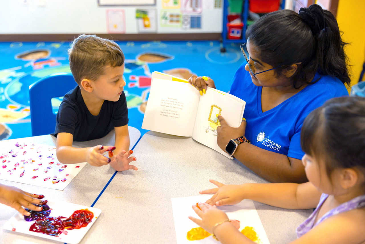A teacher reading a book to children who are finger painting at a table