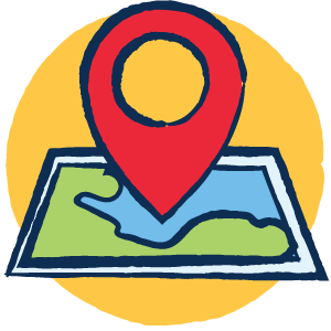 A global map with a large location pointer above it 